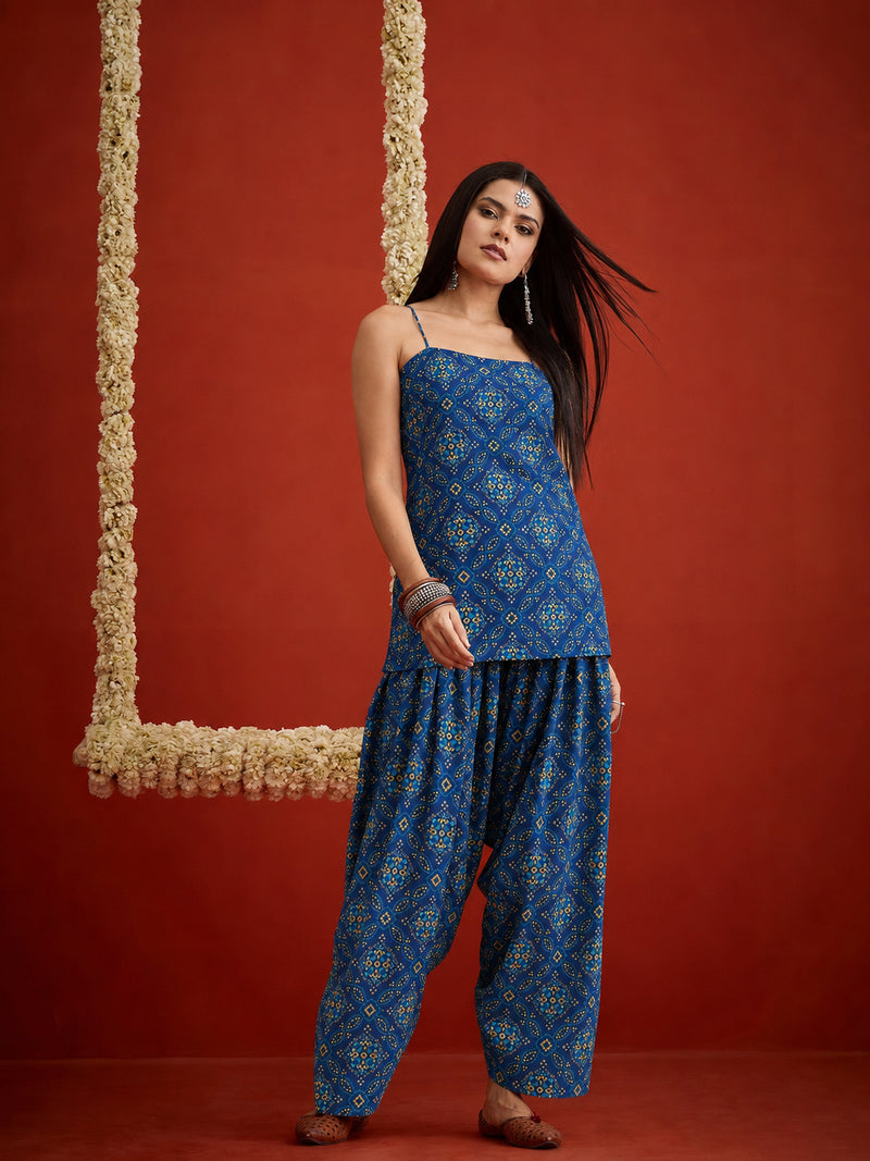 Stylum Women's Navy Bandhej Printed Reyon Straight Short Kurti With Farshi Salwar (KSNAVYKABIRA)