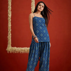 Stylum Women's Navy Bandhej Printed Reyon Straight Short Kurti With Farshi Salwar (KSNAVYKABIRA)