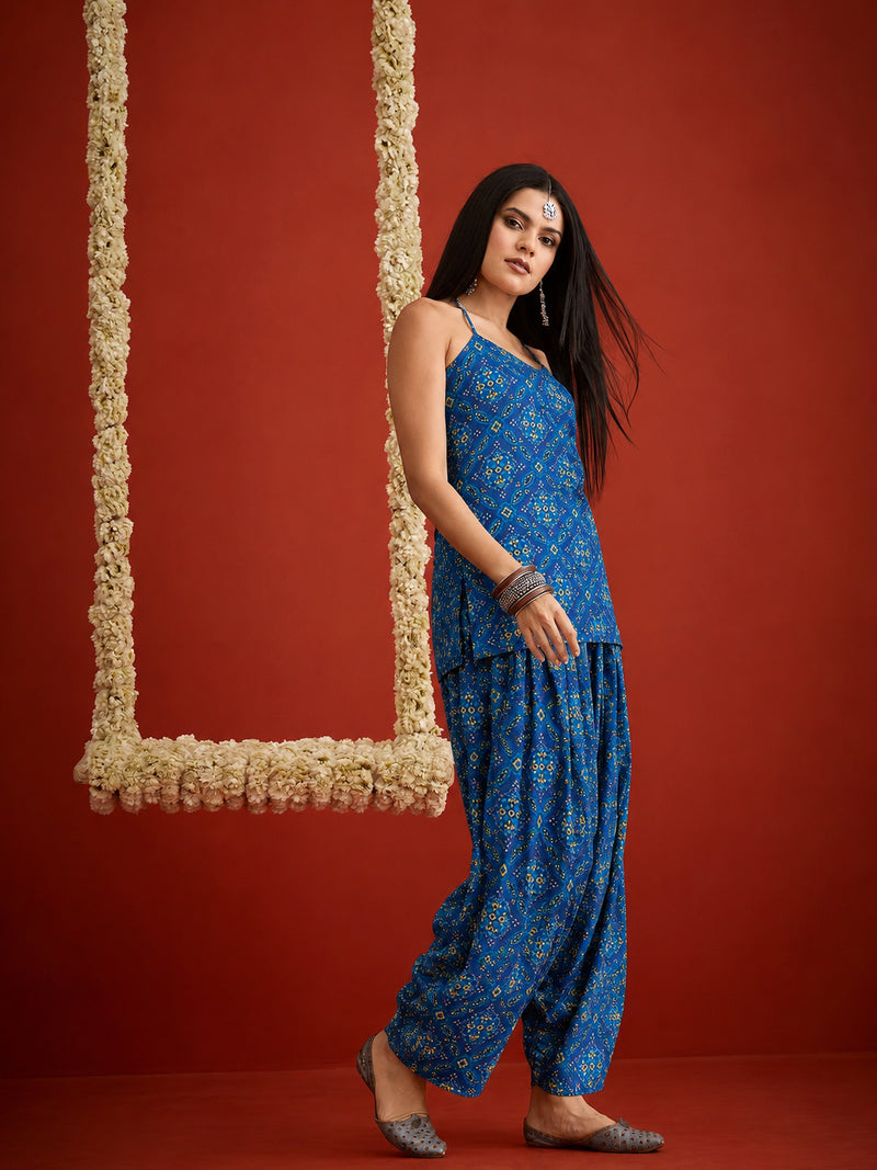 Stylum Women's Navy Bandhej Printed Reyon Straight Short Kurti With Farshi Salwar (KSNAVYKABIRA)
