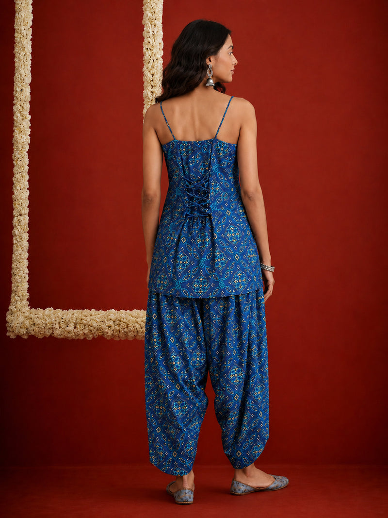 Stylum Women's Navy Bandhej Printed Reyon Straight Short Kurti With Farshi Salwar (KSNAVYKABIRA)