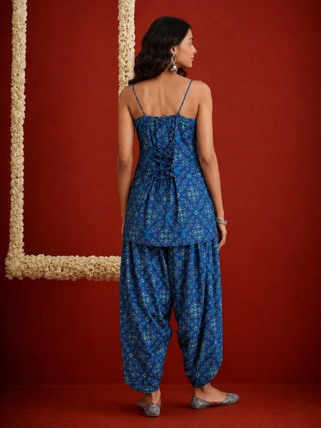 Stylum Women's Navy Bandhej Printed Reyon Straight Short Kurti With Farshi Salwar (KSNAVYKABIRA)