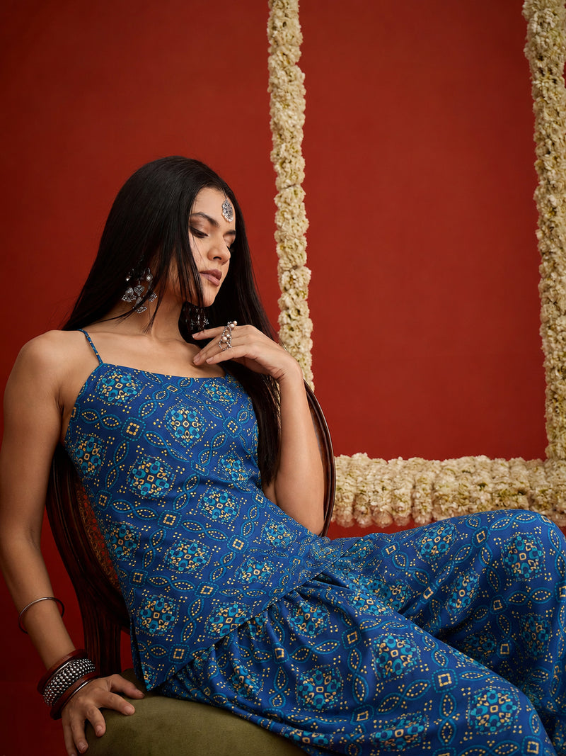 Stylum Women's Navy Bandhej Printed Reyon Straight Short Kurti With Farshi Salwar (KSNAVYKABIRA)