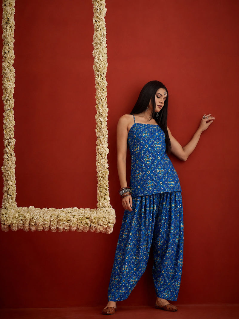 Stylum Women's Navy Bandhej Printed Reyon Straight Short Kurti With Farshi Salwar (KSNAVYKABIRA)