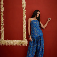 Stylum Women's Navy Bandhej Printed Reyon Straight Short Kurti With Farshi Salwar (KSNAVYKABIRA)