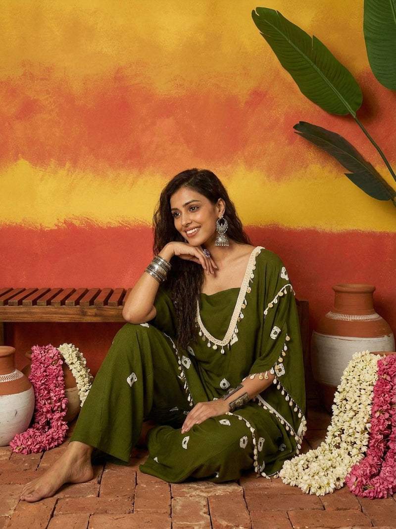 Stylum Women's Dark Green Bandhej Printed Rayon Kaftan Tube Top Sharara Set (KSOLIVEBUMNI)