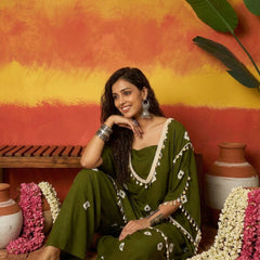Stylum Women's Dark Green Bandhej Printed Rayon Kaftan Tube Top Sharara Set (KSOLIVEBUMNI)