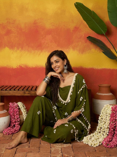 Stylum Women's Dark Green Bandhej Printed Rayon Kaftan Tube Top Sharara Set (KSOLIVEBUMNI)