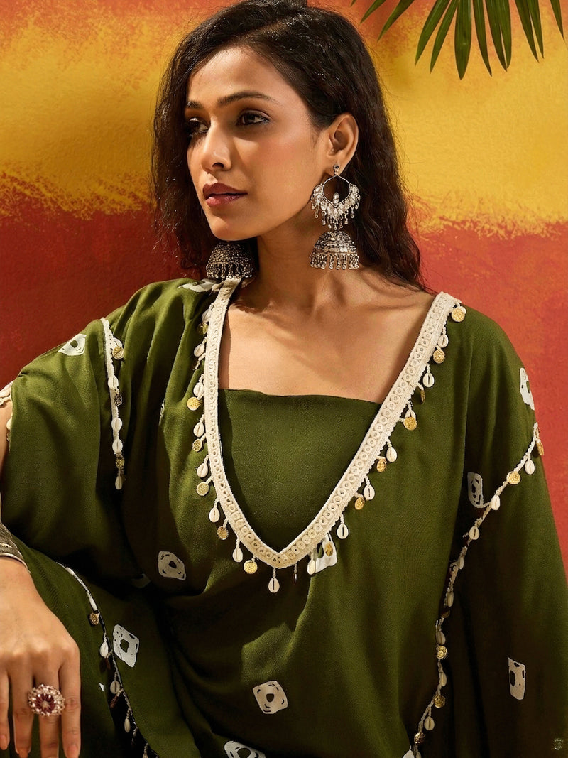 Stylum Women's Dark Green Bandhej Printed Rayon Kaftan Tube Top Sharara Set (KSOLIVEBUMNI)
