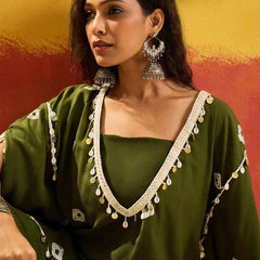 Stylum Women's Dark Green Bandhej Printed Rayon Kaftan Tube Top Sharara Set (KSOLIVEBUMNI)