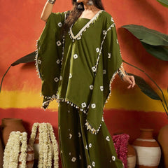 Stylum Women's Dark Green Bandhej Printed Rayon Kaftan Tube Top Sharara Set (KSOLIVEBUMNI)