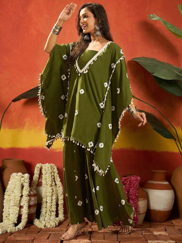 Stylum Women's Dark Green Bandhej Printed Rayon Kaftan Tube Top Sharara Set (KSOLIVEBUMNI)