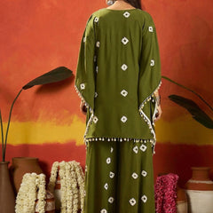 Stylum Women's Dark Green Bandhej Printed Rayon Kaftan Tube Top Sharara Set (KSOLIVEBUMNI)