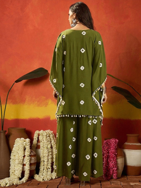 Stylum Women's Dark Green Bandhej Printed Rayon Kaftan Tube Top Sharara Set (KSOLIVEBUMNI)