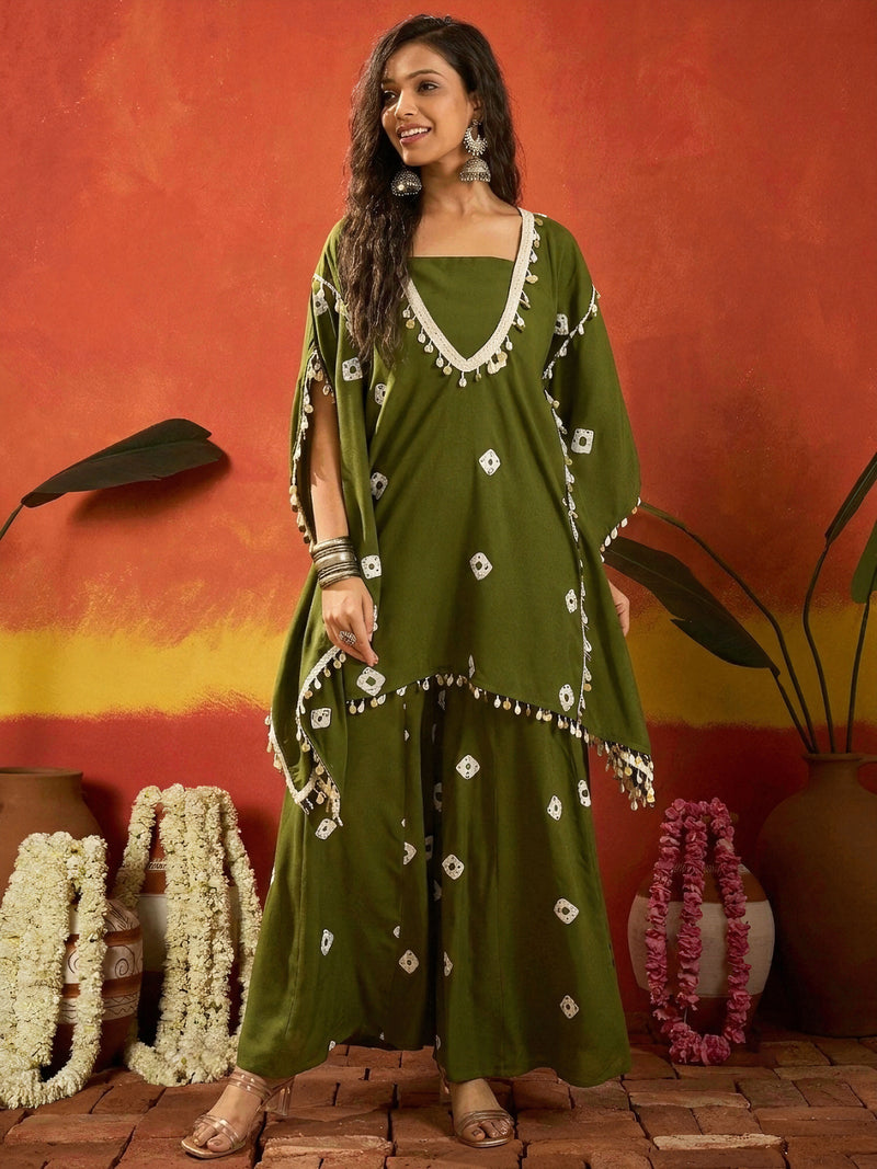 Stylum Women's Dark Green Bandhej Printed Rayon Kaftan Tube Top Sharara Set (KSOLIVEBUMNI)