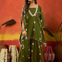 Stylum Women's Dark Green Bandhej Printed Rayon Kaftan Tube Top Sharara Set (KSOLIVEBUMNI)