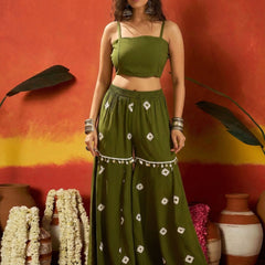 Stylum Women's Dark Green Bandhej Printed Rayon Kaftan Tube Top Sharara Set (KSOLIVEBUMNI)