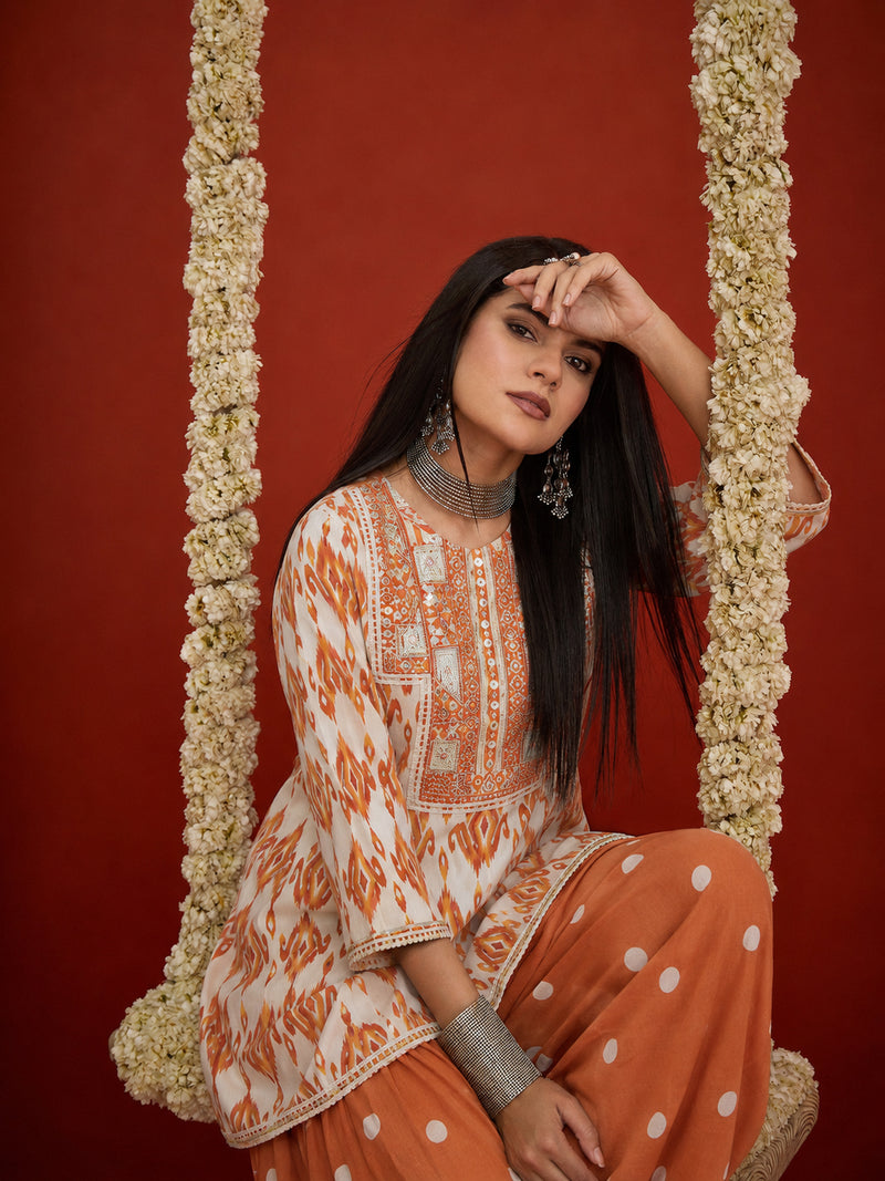 Stylum Women's Orange Ikkat Printed & Embroidered Cotton A-Line Short Kurti With Farshi Salwar (KSORANGEREKHA)