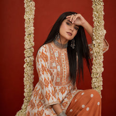 Stylum Women's Orange Ikkat Printed & Embroidered Cotton A-Line Short Kurti With Farshi Salwar (KSORANGEREKHA)