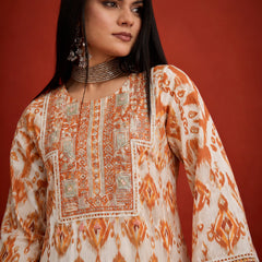 Stylum Women's Orange Ikkat Printed & Embroidered Cotton A-Line Short Kurti With Farshi Salwar (KSORANGEREKHA)