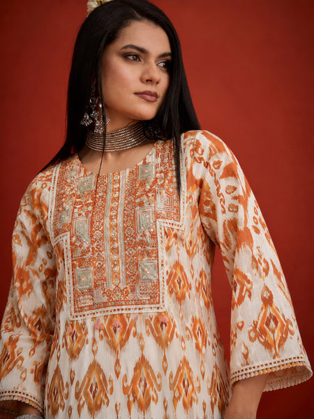 Stylum Women's Orange Ikkat Printed & Embroidered Cotton A-Line Short Kurti With Farshi Salwar (KSORANGEREKHA)