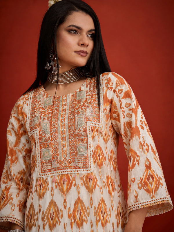 Stylum Women's Orange Ikkat Printed & Embroidered Cotton A-Line Short Kurti With Farshi Salwar (KSORANGEREKHA)