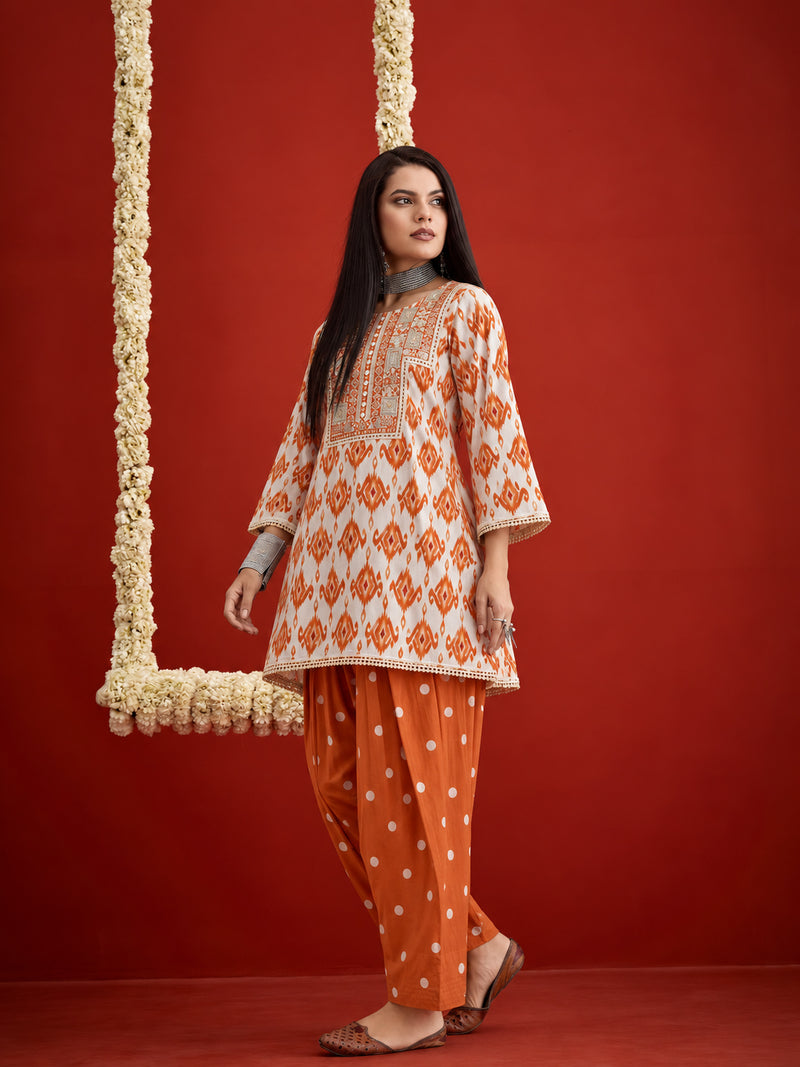 Stylum Women's Orange Ikkat Printed & Embroidered Cotton A-Line Short Kurti With Farshi Salwar (KSORANGEREKHA)