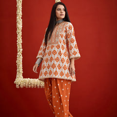 Stylum Women's Orange Ikkat Printed & Embroidered Cotton A-Line Short Kurti With Farshi Salwar (KSORANGEREKHA)
