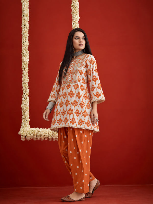Stylum Women's Orange Ikkat Printed & Embroidered Cotton A-Line Short Kurti With Farshi Salwar (KSORANGEREKHA)