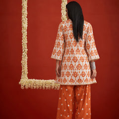Stylum Women's Orange Ikkat Printed & Embroidered Cotton A-Line Short Kurti With Farshi Salwar (KSORANGEREKHA)