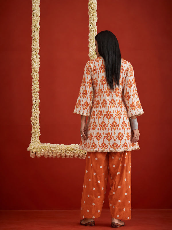 Stylum Women's Orange Ikkat Printed & Embroidered Cotton A-Line Short Kurti With Farshi Salwar (KSORANGEREKHA)