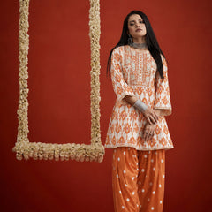 Stylum Women's Orange Ikkat Printed & Embroidered Cotton A-Line Short Kurti With Farshi Salwar (KSORANGEREKHA)