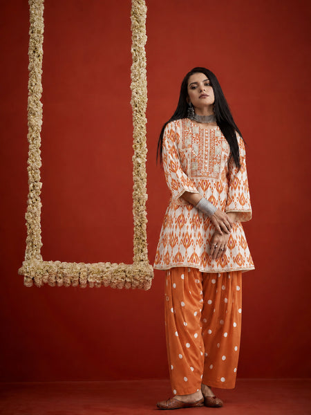 Stylum Women's Orange Ikkat Printed & Embroidered Cotton A-Line Short Kurti With Farshi Salwar (KSORANGEREKHA)
