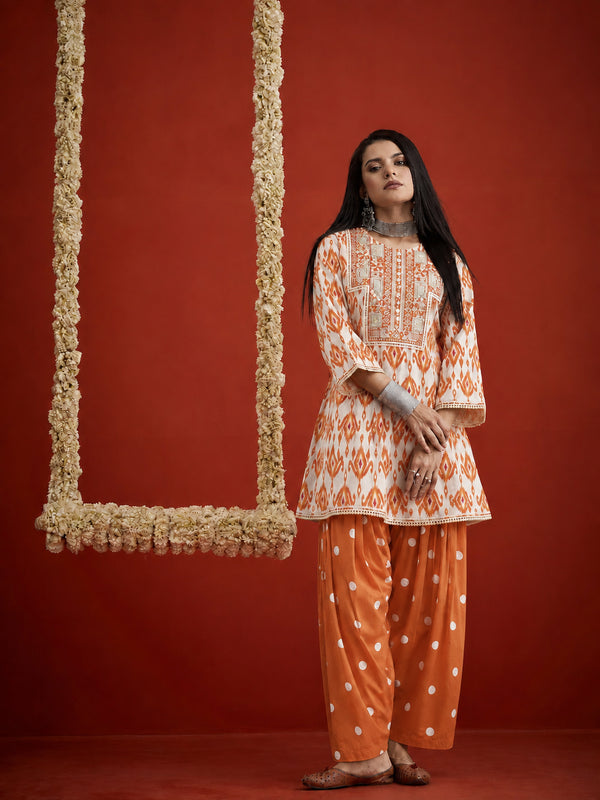 Stylum Women's Orange Ikkat Printed & Embroidered Cotton A-Line Short Kurti With Farshi Salwar (KSORANGEREKHA)