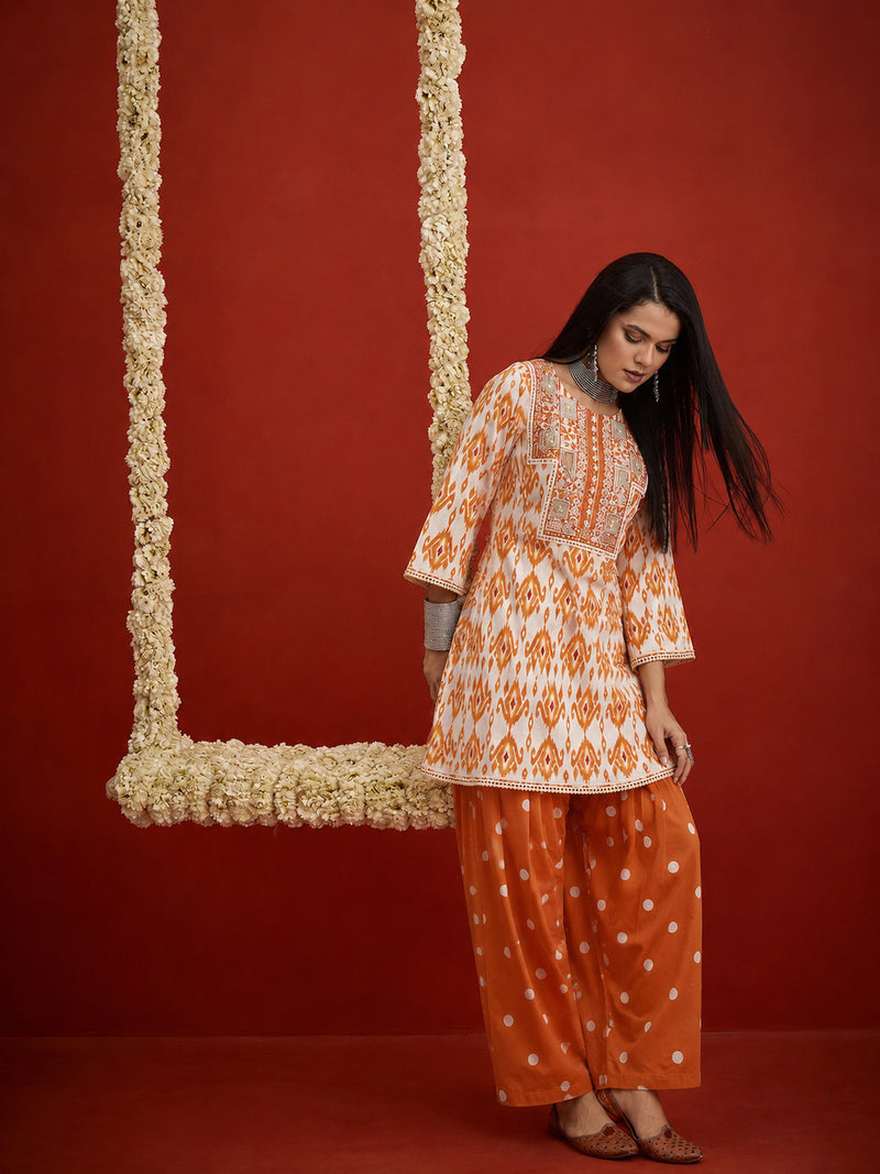 Stylum Women's Orange Ikkat Printed & Embroidered Cotton A-Line Short Kurti With Farshi Salwar (KSORANGEREKHA)