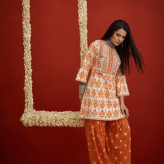 Stylum Women's Orange Ikkat Printed & Embroidered Cotton A-Line Short Kurti With Farshi Salwar (KSORANGEREKHA)