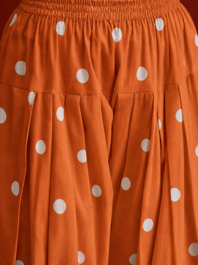 Stylum Women's Orange Ikkat Printed & Embroidered Cotton A-Line Short Kurti With Farshi Salwar (KSORANGEREKHA)
