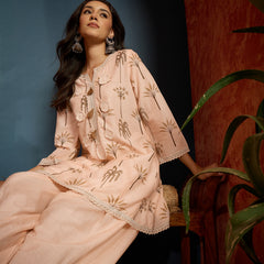 Stylum Women's Peach Palm Tree Printed Pure Cotton A-Line Short Kurti With Farshi Salwar Set (KSPEACHSAZRIKA)