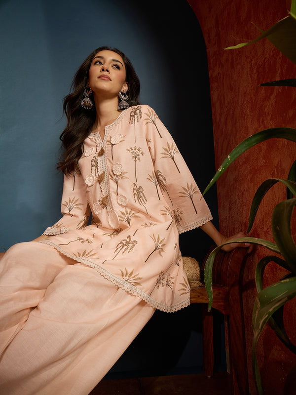 Stylum Women's Peach Palm Tree Printed Pure Cotton A-Line Short Kurti With Farshi Salwar Set (KSPEACHSAZRIKA)