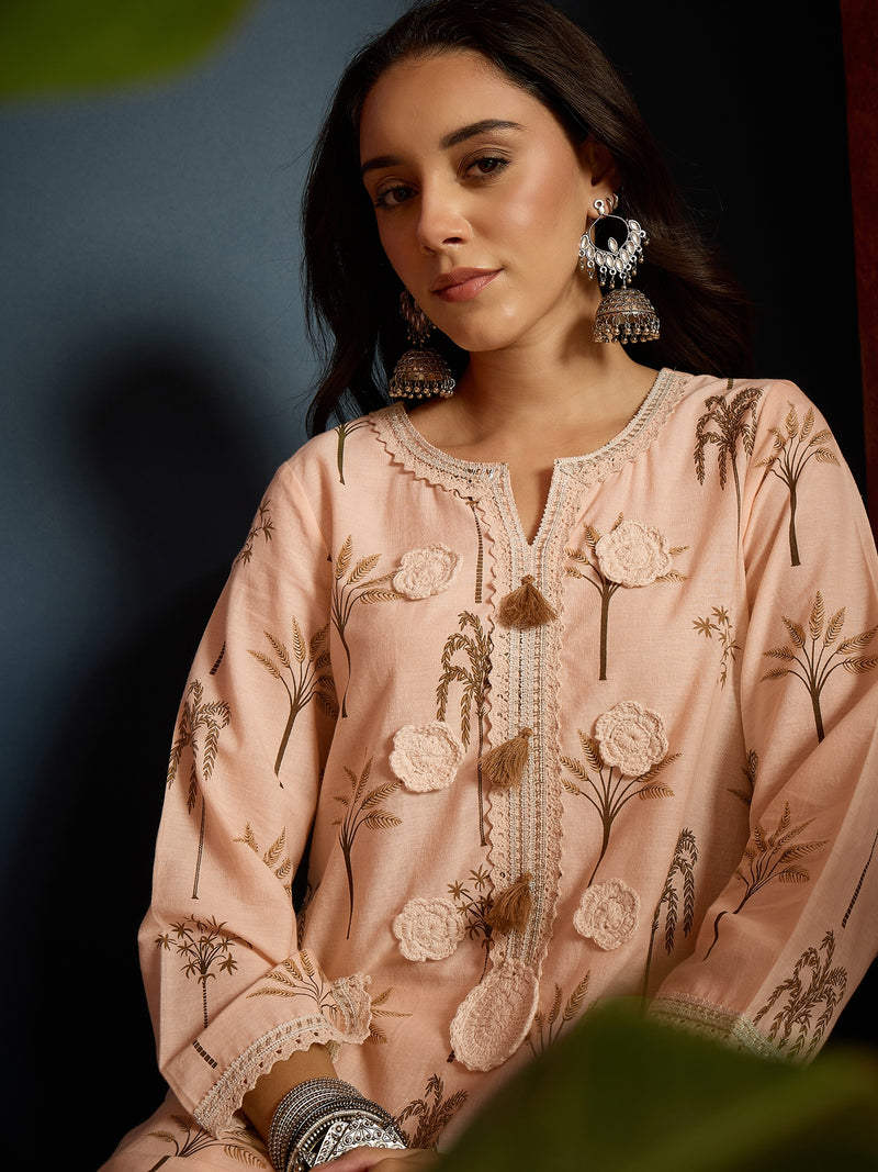 Stylum Women's Peach Palm Tree Printed Pure Cotton A-Line Short Kurti With Farshi Salwar Set (KSPEACHSAZRIKA)