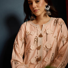 Stylum Women's Peach Palm Tree Printed Pure Cotton A-Line Short Kurti With Farshi Salwar Set (KSPEACHSAZRIKA)