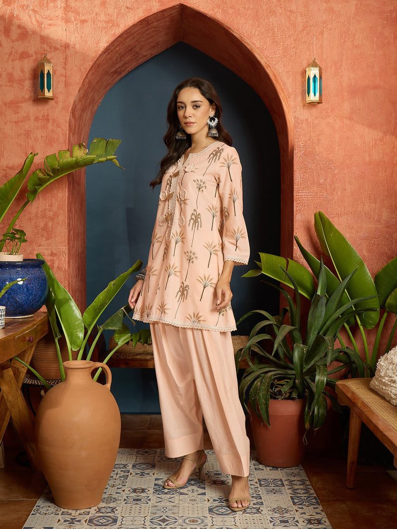 Stylum Women's Peach Palm Tree Printed Pure Cotton A-Line Short Kurti With Farshi Salwar Set (KSPEACHSAZRIKA)