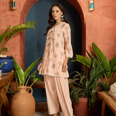 Stylum Women's Peach Palm Tree Printed Pure Cotton A-Line Short Kurti With Farshi Salwar Set (KSPEACHSAZRIKA)