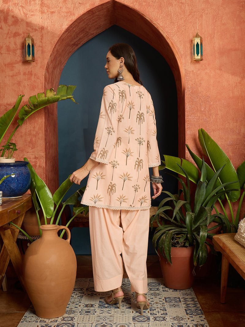 Stylum Women's Peach Palm Tree Printed Pure Cotton A-Line Short Kurti With Farshi Salwar Set (KSPEACHSAZRIKA)
