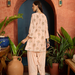 Stylum Women's Peach Palm Tree Printed Pure Cotton A-Line Short Kurti With Farshi Salwar Set (KSPEACHSAZRIKA)