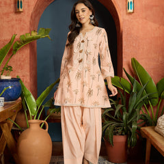 Stylum Women's Peach Palm Tree Printed Pure Cotton A-Line Short Kurti With Farshi Salwar Set (KSPEACHSAZRIKA)