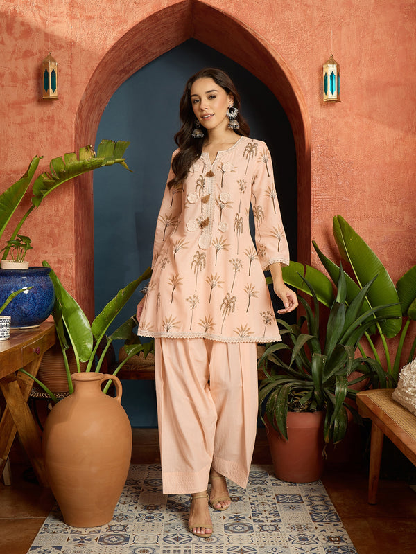 Stylum Women's Peach Palm Tree Printed Pure Cotton A-Line Short Kurti With Farshi Salwar Set (KSPEACHSAZRIKA)