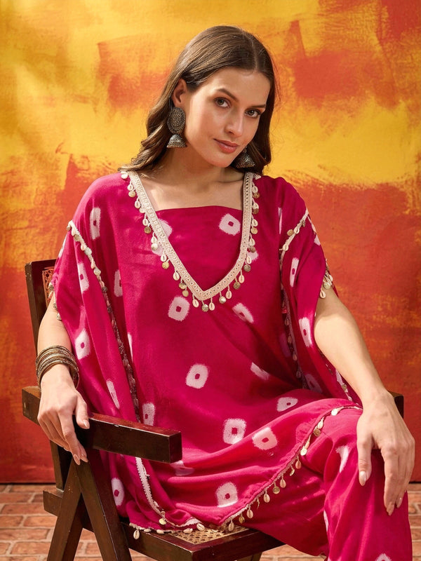 Stylum Women's Pink Bandhej Printed Rayon Kaftan Tube Top Sharara Set (KSPINKBUMNI)