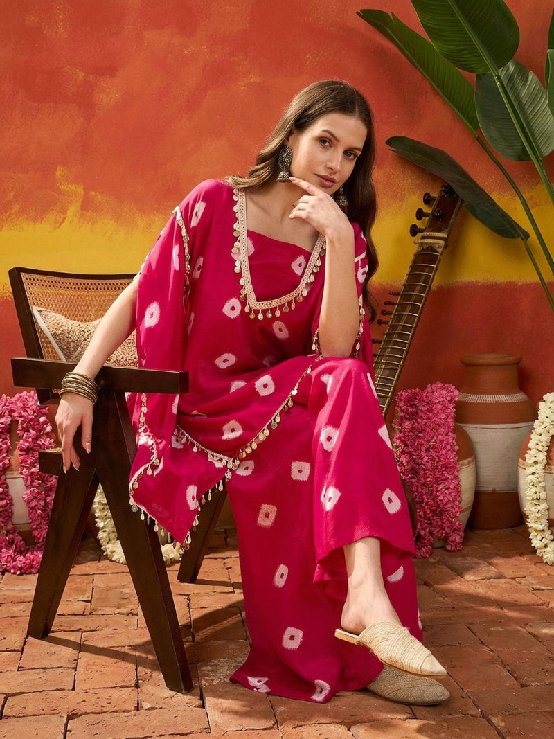 Stylum Women's Pink Bandhej Printed Rayon Kaftan Tube Top Sharara Set (KSPINKBUMNI)
