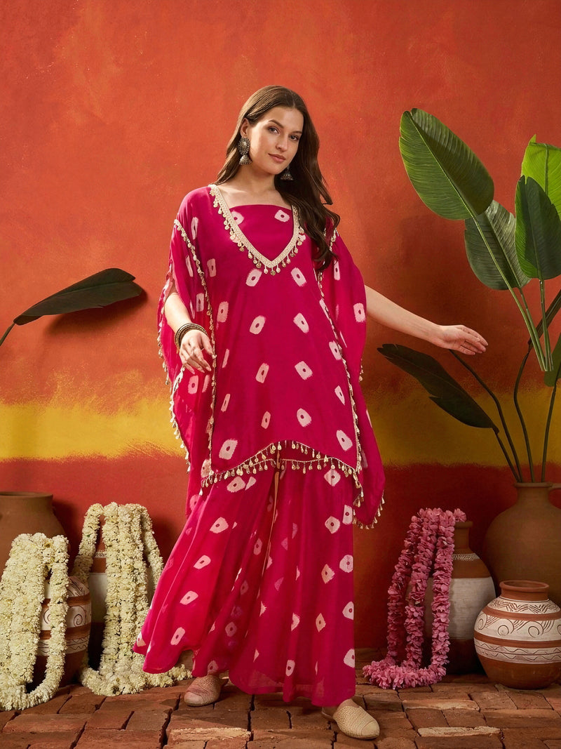 Stylum Women's Pink Bandhej Printed Rayon Kaftan Tube Top Sharara Set (KSPINKBUMNI)