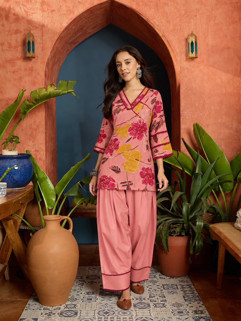 Stylum Women's Pink Abstract Printed Rayon Straight Short Kurti With Farshi Salwar Set (KSPINKCANON)